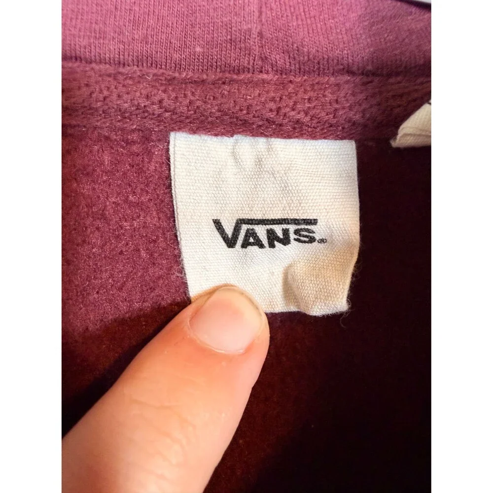 Vans Women's Large Burgundy Full Zip Cropped Hoodie Sweatshirt Checkered Sleeve - Picture 3 of 6
